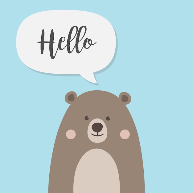 Un lindo oso de peluche de Brown con hello y burbuja de charla de habla