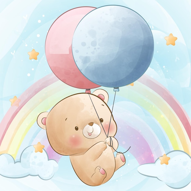 Lindo oso de peluche colgando de un personaje de baby shower de globos