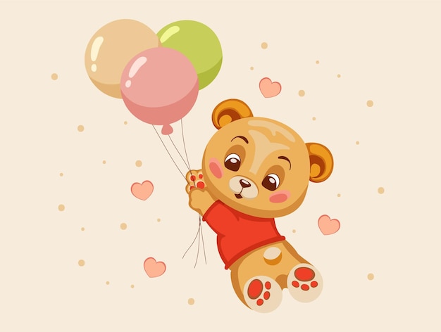 Lindo oso de peluche dibujado a mano con una camisa roja está volando con globos estilo de dibujos animados