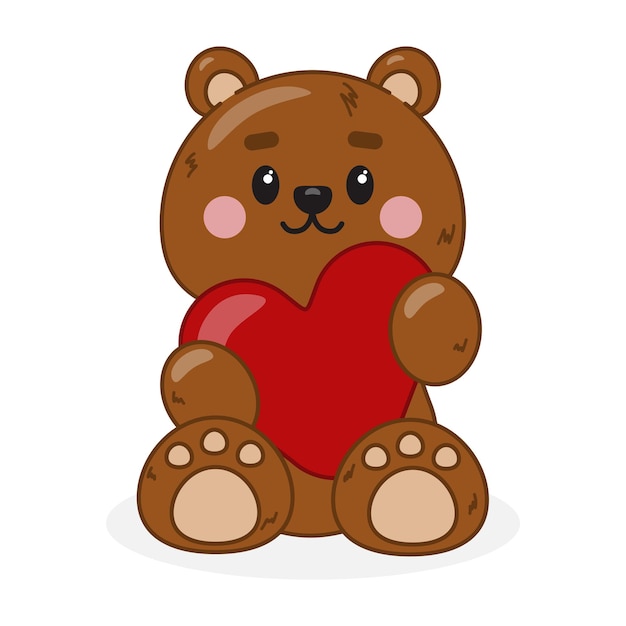 Lindo oso de peluche de dibujos animados con un corazón en sus manos