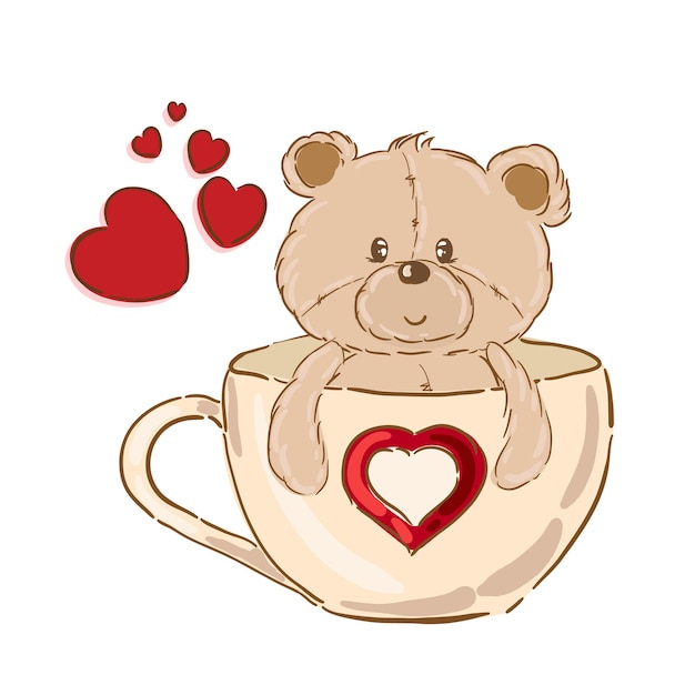 Lindo oso de peluche de dibujos animados está sentado en una taza con estampado de corazón