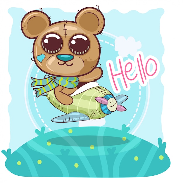 Lindo oso de peluche de dibujos animados está volando en un avión - Vector