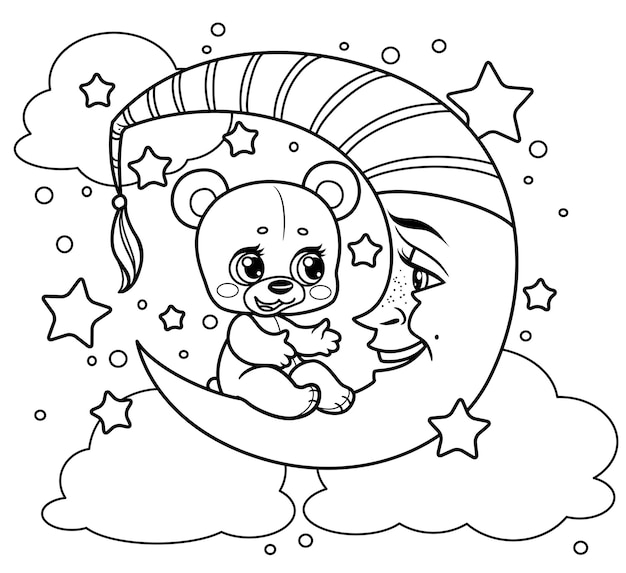 Lindo oso de peluche de dibujos animados se sienta en la luna creciente y dice algo delineado para colorear sobre un fondo blanco