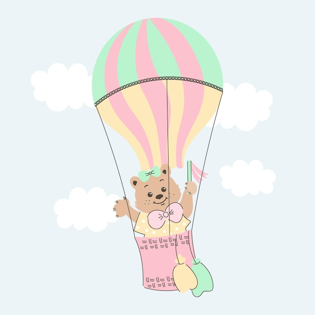 Vector el lindo oso de peluche de dibujos animados vuela en un globo de aire caliente en el cielo con nubes ilustración de bebé