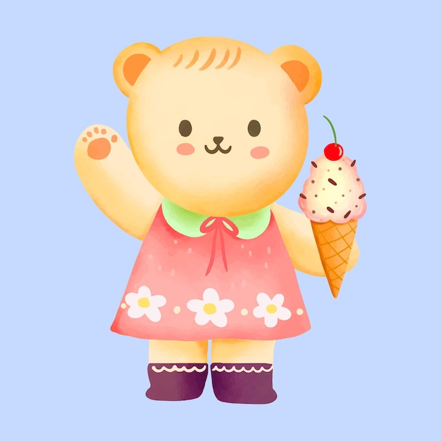 El lindo oso de peluche disfrutando de un cono de helado