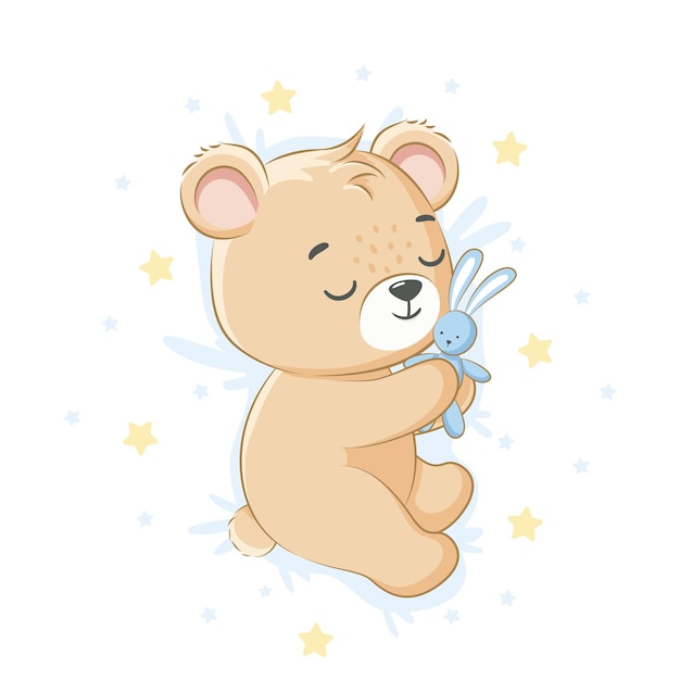 Un lindo oso de peluche duerme dulcemente abrazando un conejito de juguete. para un chico Ilustración vectorial de una caricatura.