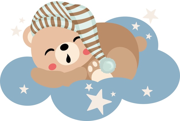 Un lindo oso de peluche durmiendo en una nube azul