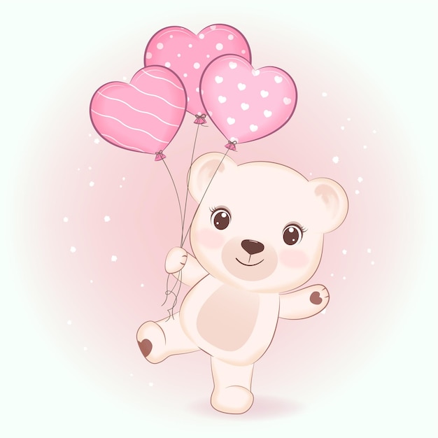 Lindo oso de peluche y globo de corazón concepto de día de san valentín