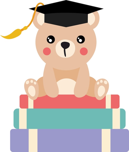 Vector lindo oso de peluche con gorra de graduación sentado encima de los libros