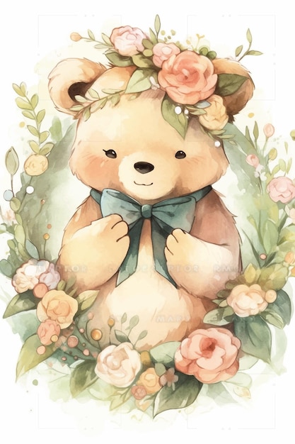 Un lindo oso de peluche con lazo y flores.