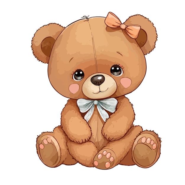 Un lindo oso de peluche con un lazo se sienta sobre un fondo blanco.
