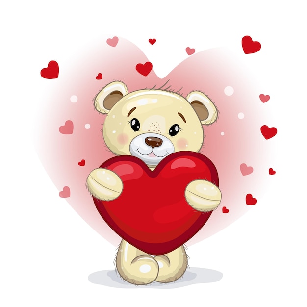 Lindo oso de peluche con un oído rojo oso de peluche con corazones ilustración para el día de san valentín o cumpleaños