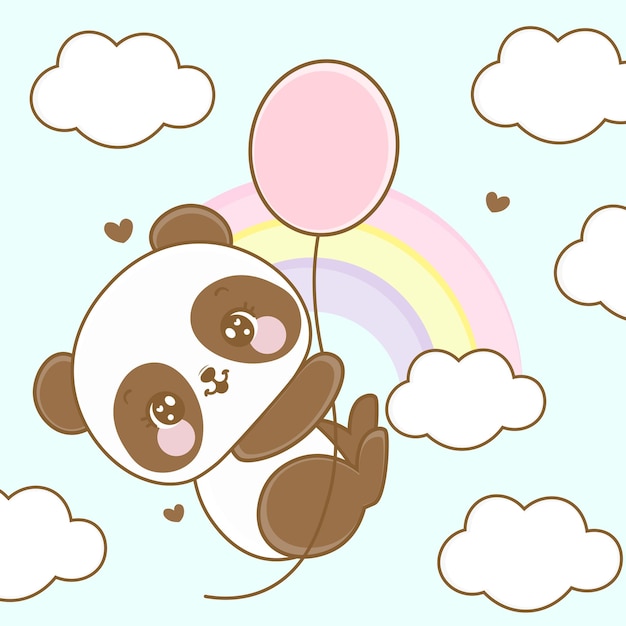 Vector el lindo oso de peluche panda kawaii que vuela colgado de un globo