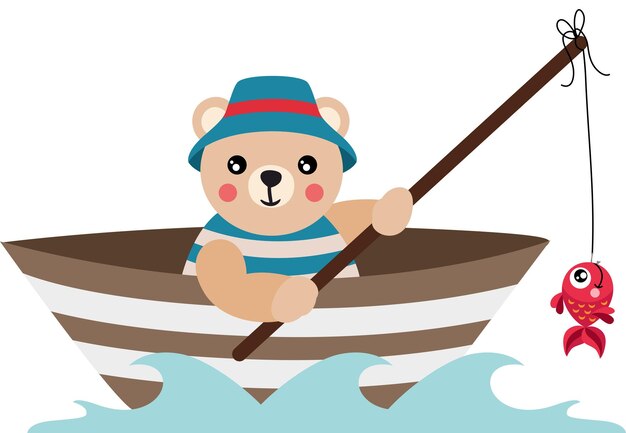 Un lindo oso de peluche pescando en un barco