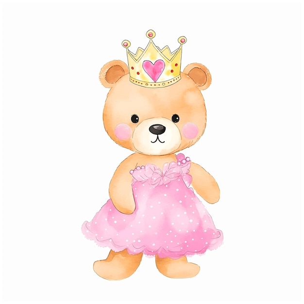 Lindo oso de peluche princesa vector acuarela pintada ilustración