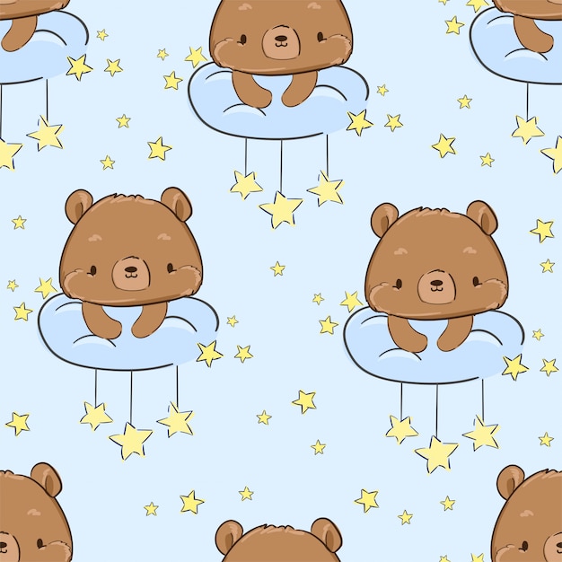 Lindo oso de peluche sentado en una nube y estrellas Patrón sin fisuras. Ilustración. Diseño Textil para Niños