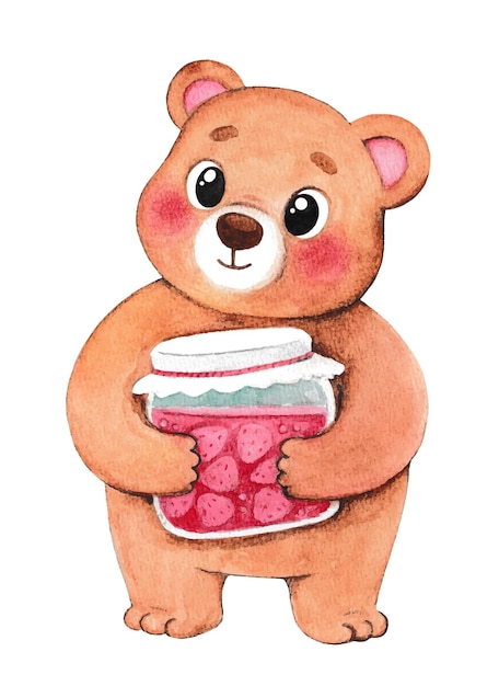 Vector lindo oso de peluche con un tarro de mermelada. oso de peluche de acuarela.