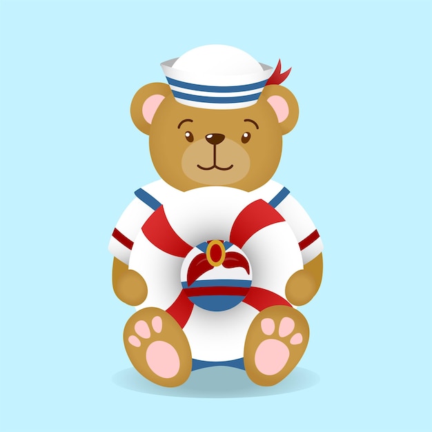 Vector lindo oso de peluche con traje de marinero con aro salvavidas