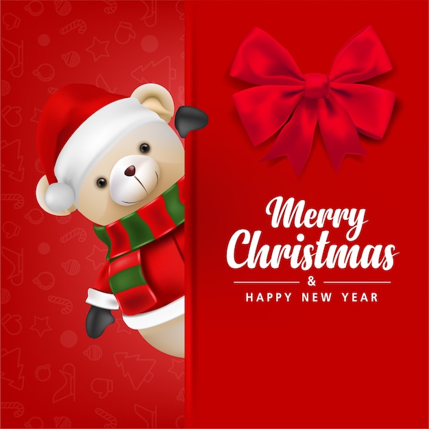 Lindo oso de peluche usa Papá Noel sobre fondo rojo para feliz navidad y feliz año nuevo tarjeta ilustración