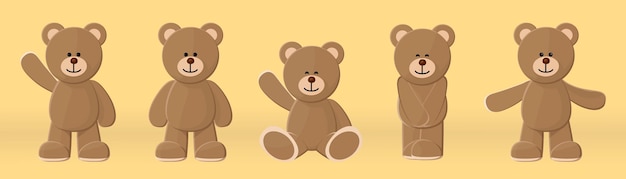 Lindo oso de peluche vector de dibujos animados con varios gestos sobre fondo amarillo claro