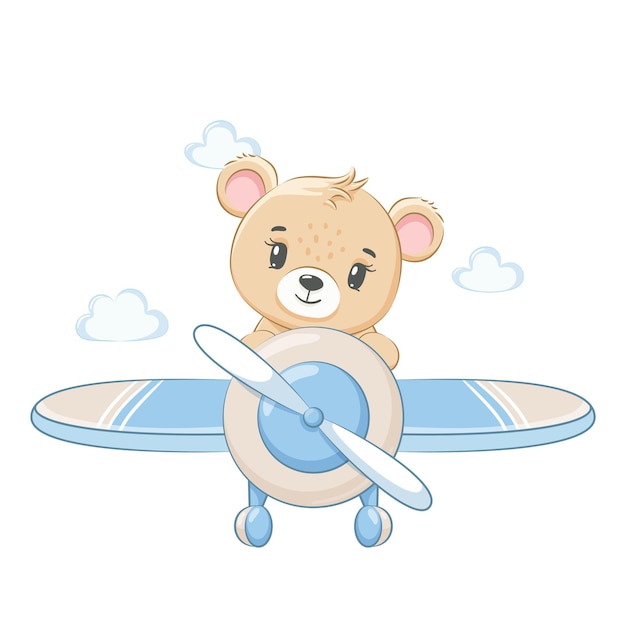 Un lindo oso de peluche está volando en un avión. ilustración vectorial de una caricatura.