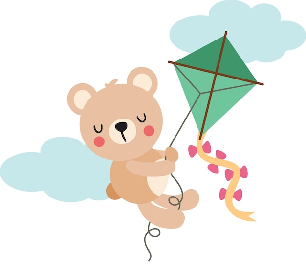 Lindo oso de peluche volando con cometa