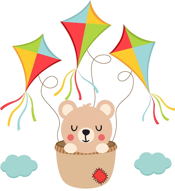 Un lindo oso de peluche volando dentro de una canasta con cometas