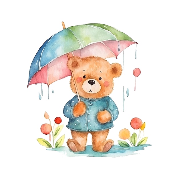Lindo oso con pintura de acuarela de paraguas