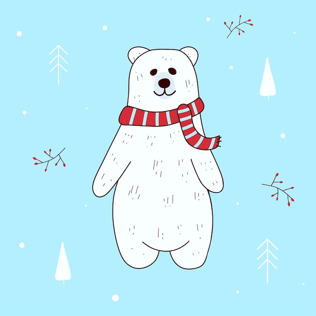 Lindo oso polar blanco con una bufanda a rayas dibujada a mano sobre un fondo azul con bayas y árboles