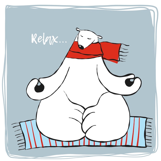 Lindo oso polar en bufanda roja meditando yoga clipart vector ilustración con personaje de dibujos animados