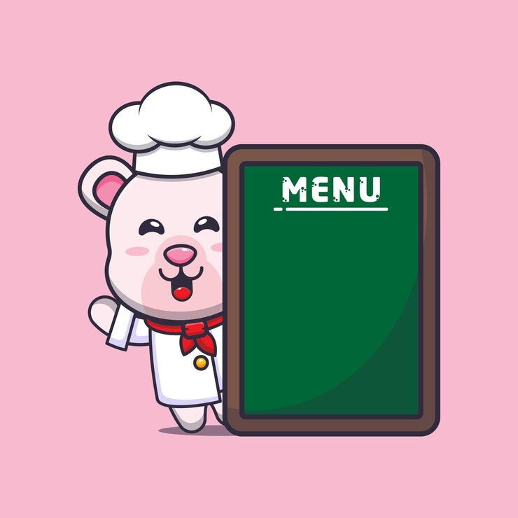 Vector lindo oso polar chef mascota personaje de dibujos animados con tablero de menú