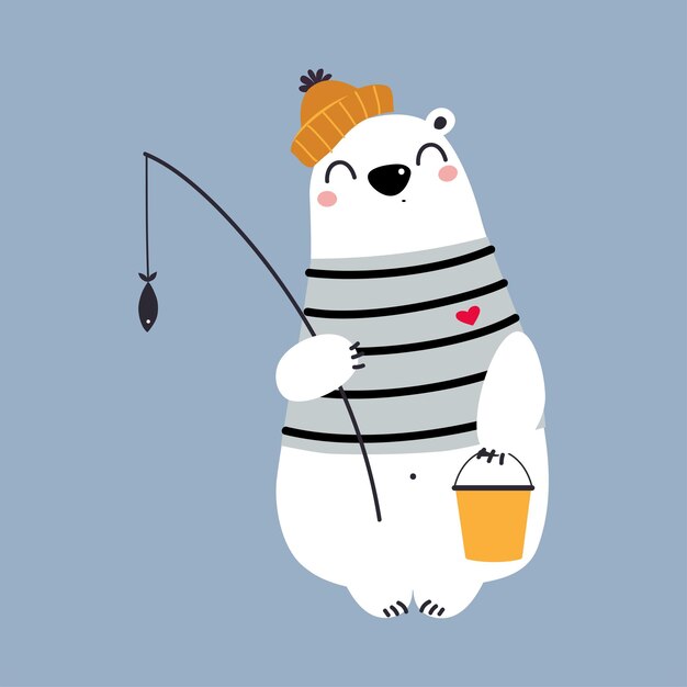 El lindo oso polar como animal ártico en un sombrero de punto sentado y atrapando peces Ilustración vectorial
