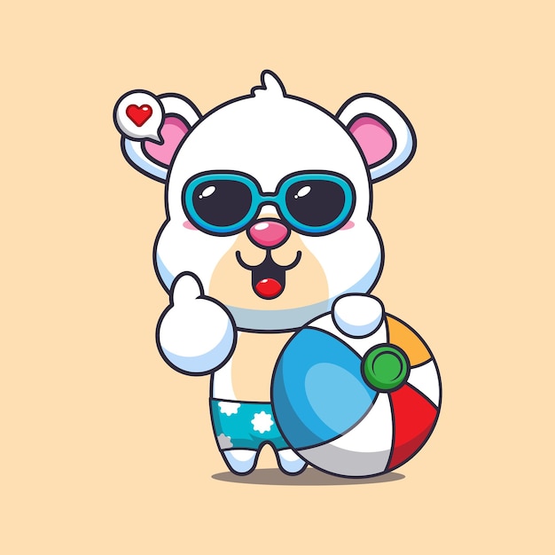 Lindo oso polar con gafas de sol con ilustración de dibujos animados de pelota de playa Linda ilustración de dibujos animados de verano