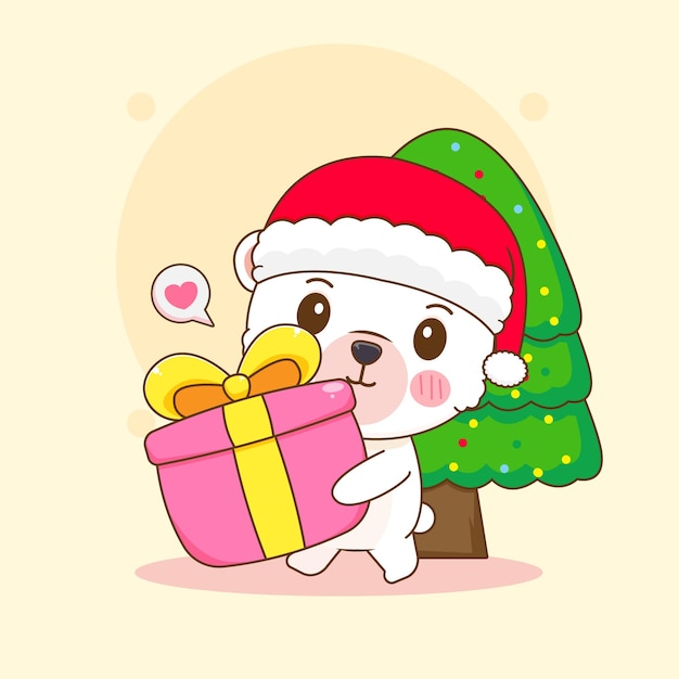 Lindo oso polar con ilustración de dibujos animados de regalo de Navidad