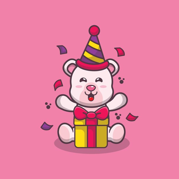 Lindo oso polar con ilustración de vector de dibujos animados de caja de regalo