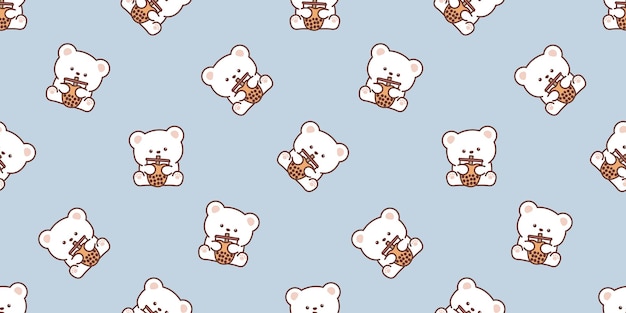 Lindo oso polar con ilustración de vector de patrones sin fisuras de dibujos animados de té de burbujas