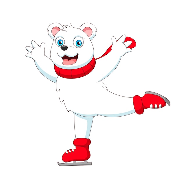 Lindo oso polar jugando dibujos animados de patinaje sobre hielo. Ilustración vectorial