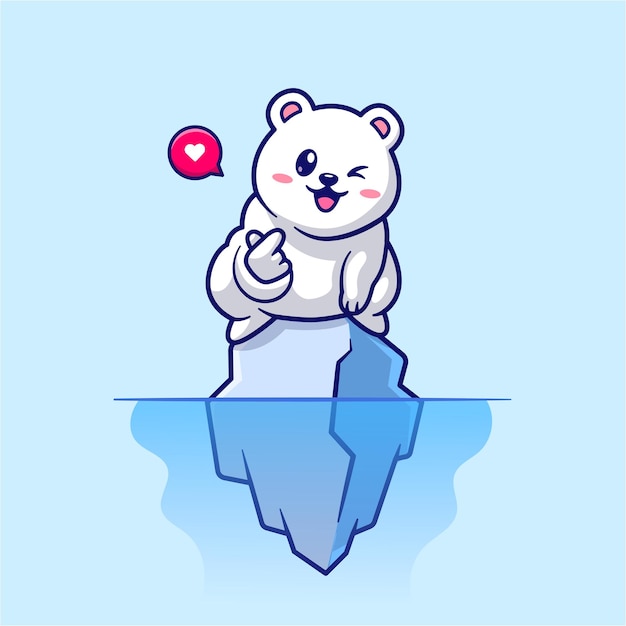 Vector lindo oso polar con signo de amor en el icono de vector de dibujos animados de hielo ilustración icono de naturaleza animal aislado