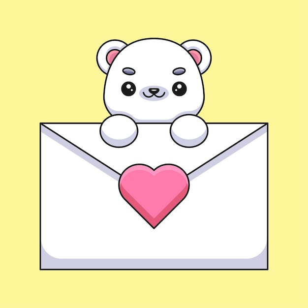 Lindo oso polar sosteniendo una carta de amor mascota de dibujos animados doodle arte dibujado a mano esquema concepto vector kawaii icono ilustración