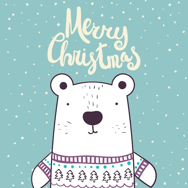 Lindo oso polar en suéter de invierno con abeto y copos de nieve Texto de caligrafía de Feliz Navidad
