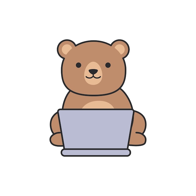 Lindo oso con portátil Ilustración vectorial en un estilo plano