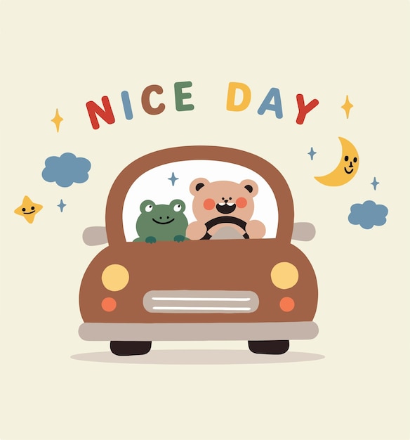 Lindo oso y rana conduciendo un coche con un bonito saludo de día
