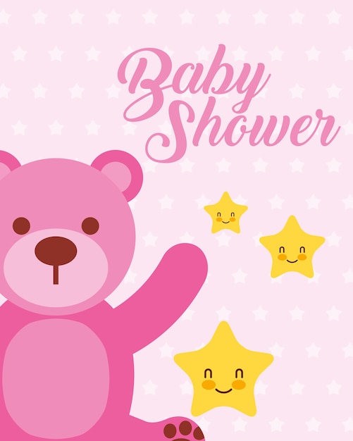 Lindo oso rosa y estrellas de dibujos animados bebé ducha tarjeta