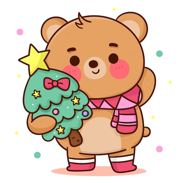 Lindo oso santa y árbol de navidad kawaii cartoon