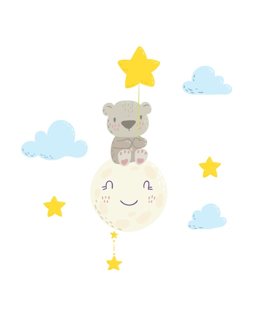 Vector lindo oso sentado en la luna y sosteniendo el globo estrella