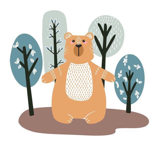 Lindo oso sobre un fondo de árboles. Dibujado a mano ilustración en estilo escandinavo