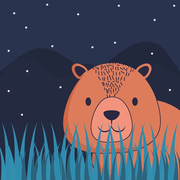 Vector lindo oso sobre fondo de paisaje de bosque de noche