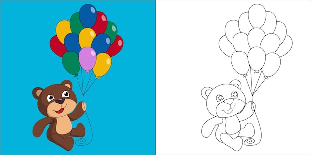 Lindo oso sosteniendo globos de colores adecuados para la ilustración de vector de página para colorear de los niños