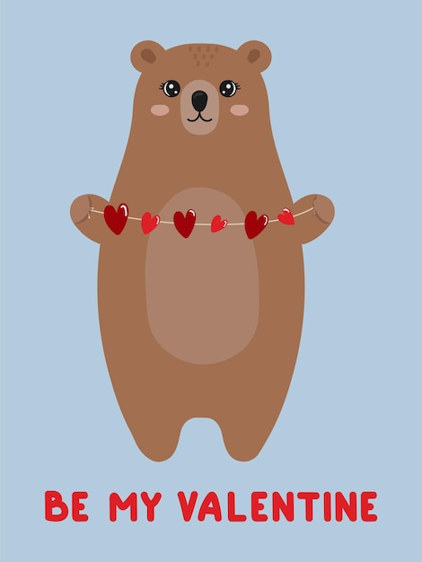 Lindo oso sosteniendo una guirnalda de corazones Feliz día de San Valentín Sé mi San Valentín