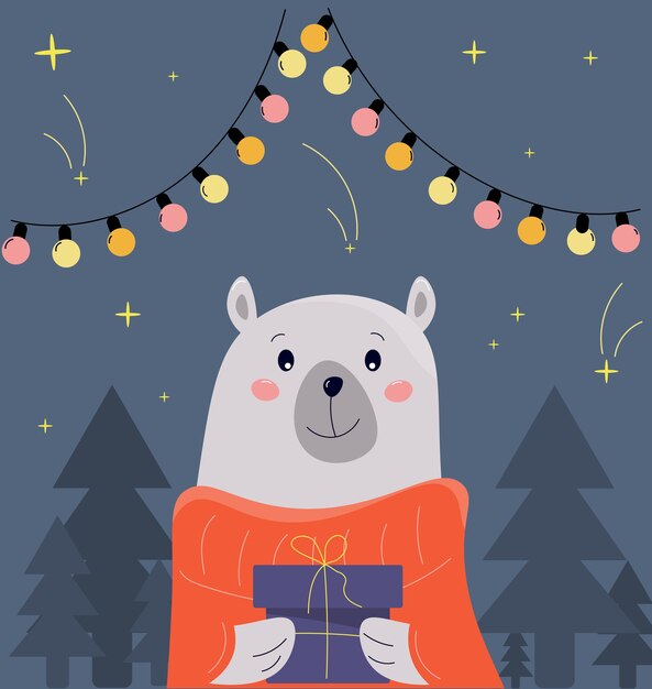 Lindo oso sosteniendo un regalo Ilustración de Navidad Tarjeta de Navidad de Navidad
